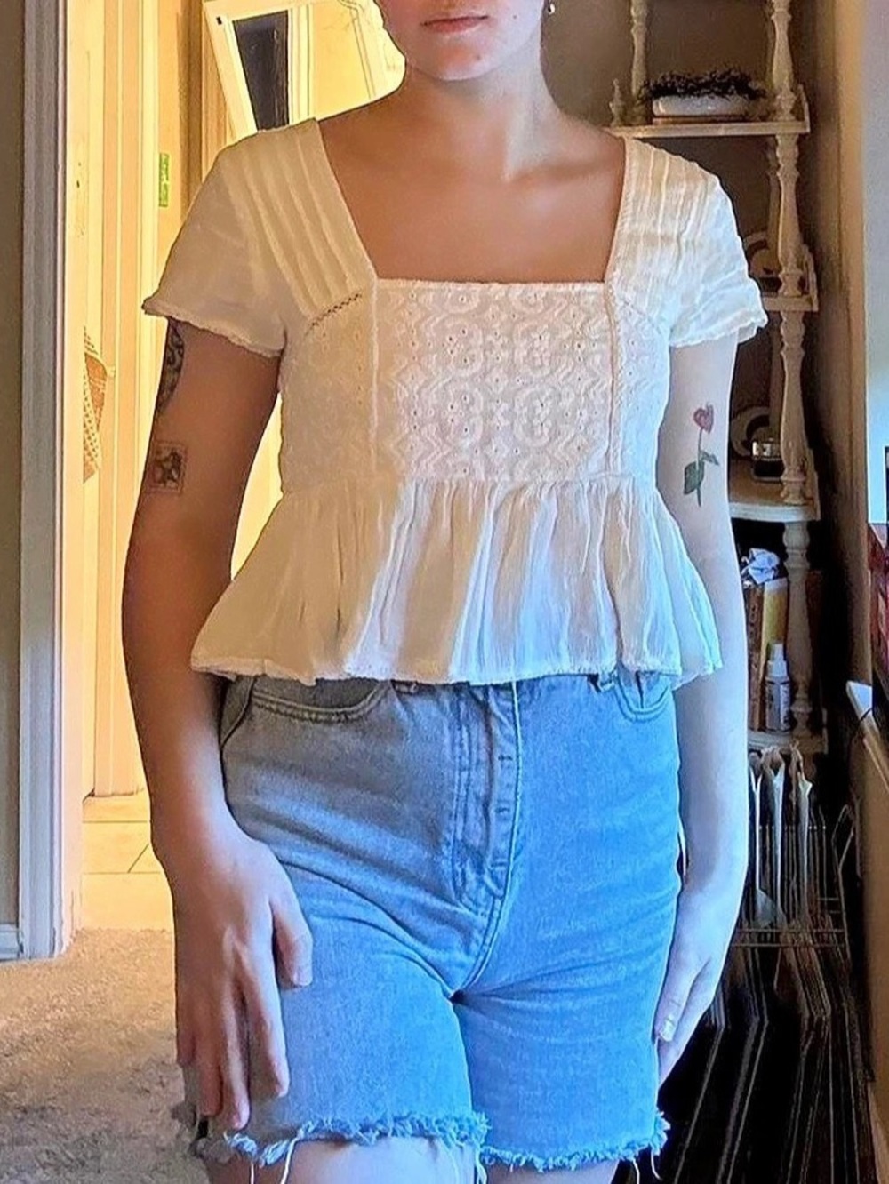 White Square Neck Peplum Top Like New